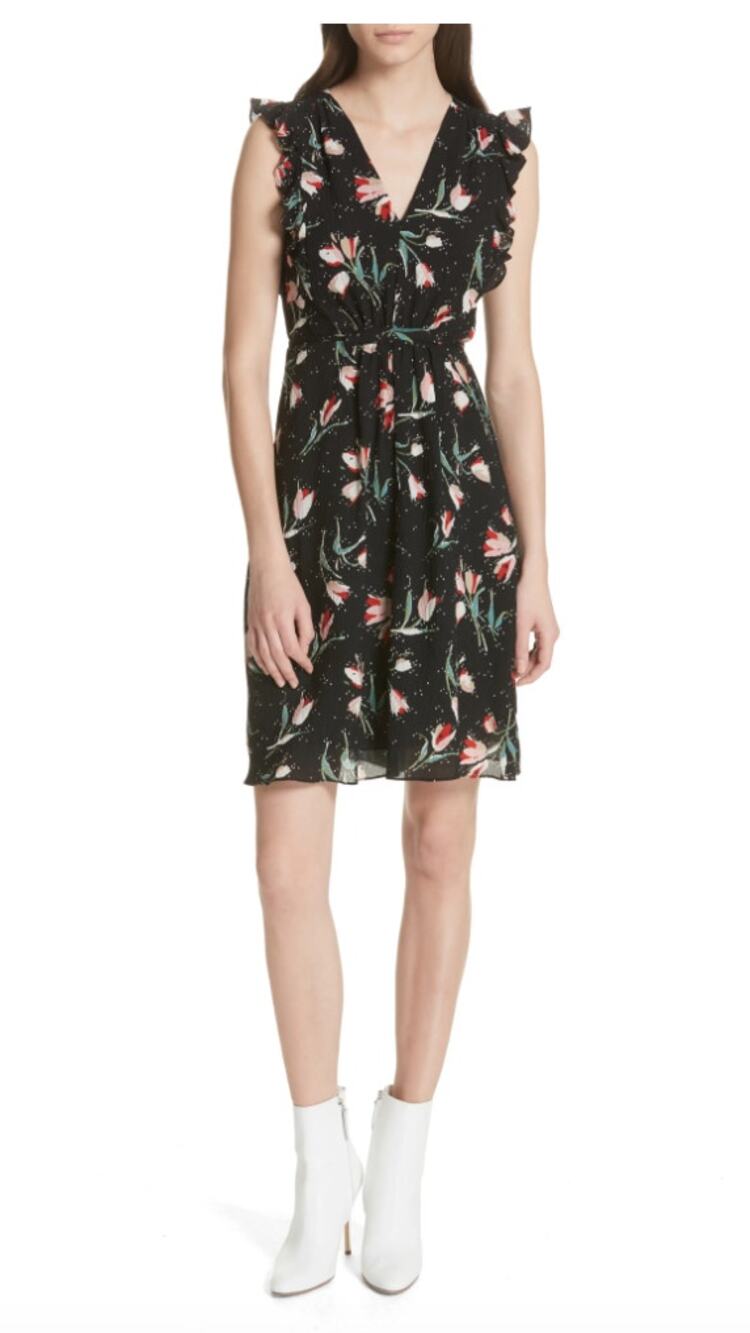 Rebecca Taylor Silk Ikat Tulip Dress Black size 4 Tie Belt Ruffled Sleeves